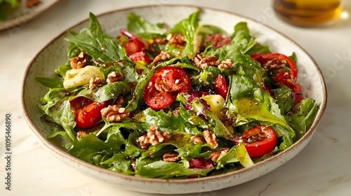 Fresh Green Salad With Cherry Tomatoes and Walnuts Served in a Rustic Bowl During Lunch at a Cozy Cafe