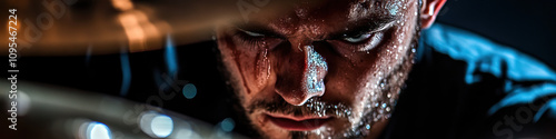 Raw Rhythm: A drummer in focus, pounding away at his kit with sweat dripping from his brow. photo