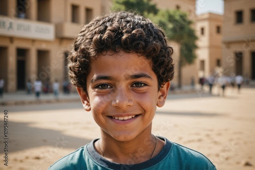 Close portrait of a smiling Egyptian male kid looking at the camera, Egyptian outdoors blurred background photo