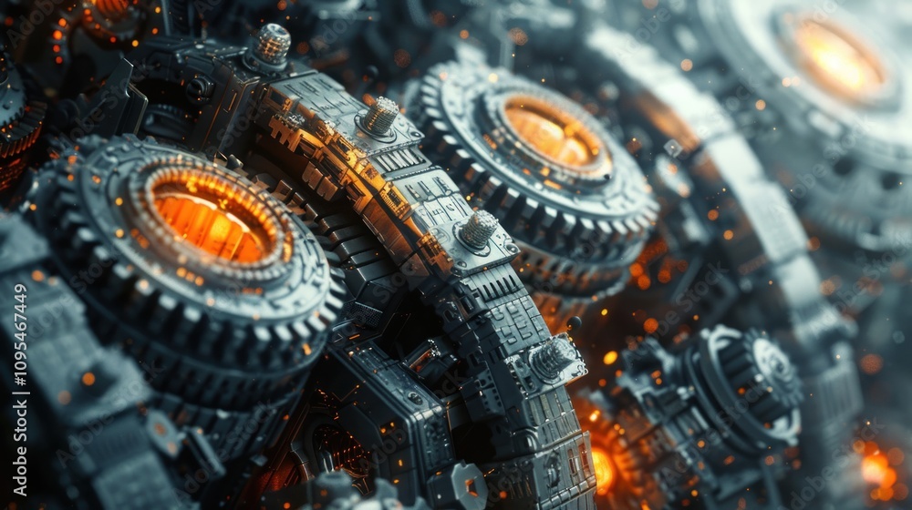 Close-up of intricate metallic gears and mechanisms with glowing orange cores. Close-up of intricate metallic gears and mechanisms with glowing orange cores.