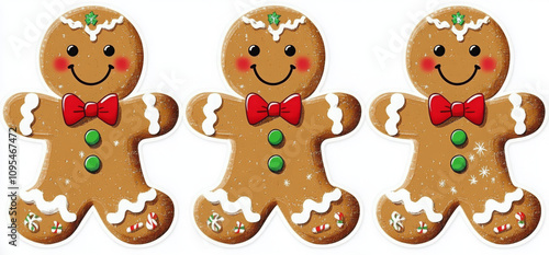 One Set Festive Gingerbread Cookies Dressed for the Christmas Season on white Background