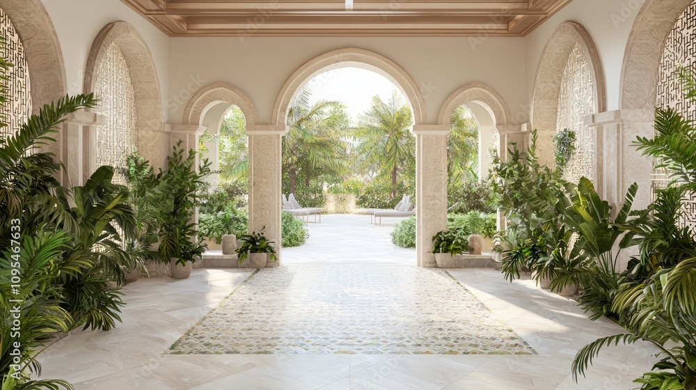 Fototapeta premium Majestic Modern Arabian Entryway with Decorative Arches and Mosaic Tile Floor | 3D Render Interior Design Digital Artwork