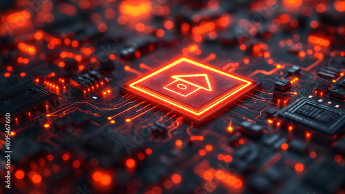 Design a logo for a futuristic smart home device featuring a digital shop symbolizing growth in technology and place it in the middle of a circular hub red