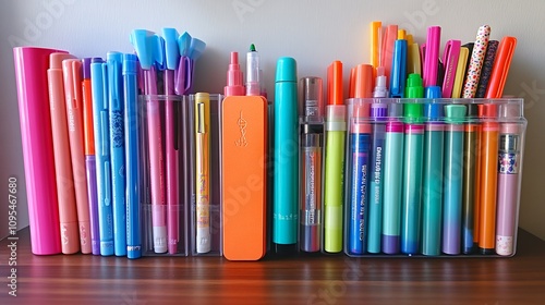 Assorted Writing Instruments Arranged Neatly on a Wooden Surface in a Bright Setting