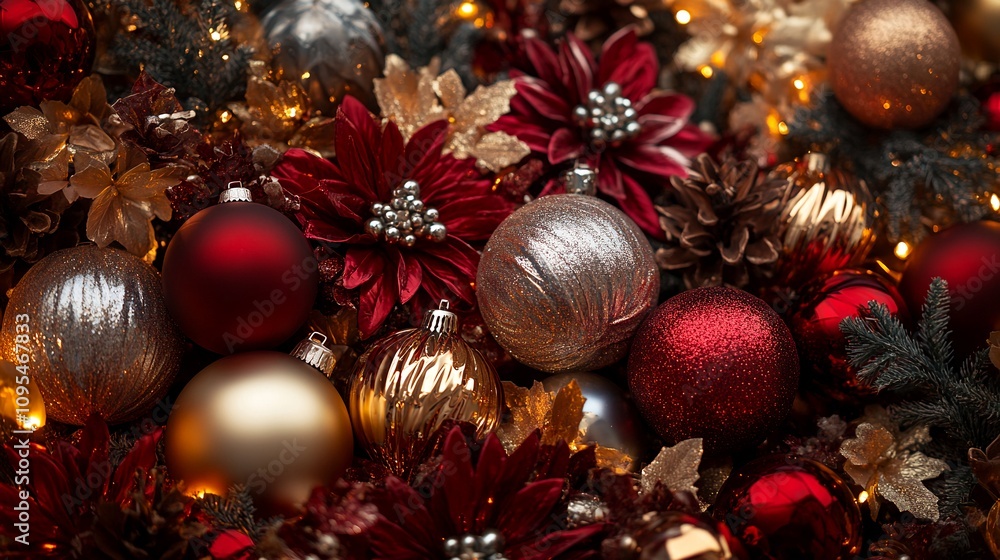 Holiday Decorations Featuring Red and Gold Ornaments With Flowers and Twinkling Lights in an Elegant Arrangement Holiday Decorations Featuring Red and Gold Ornaments With Flowers and Twinkling Lights in an Elegant Arrangement