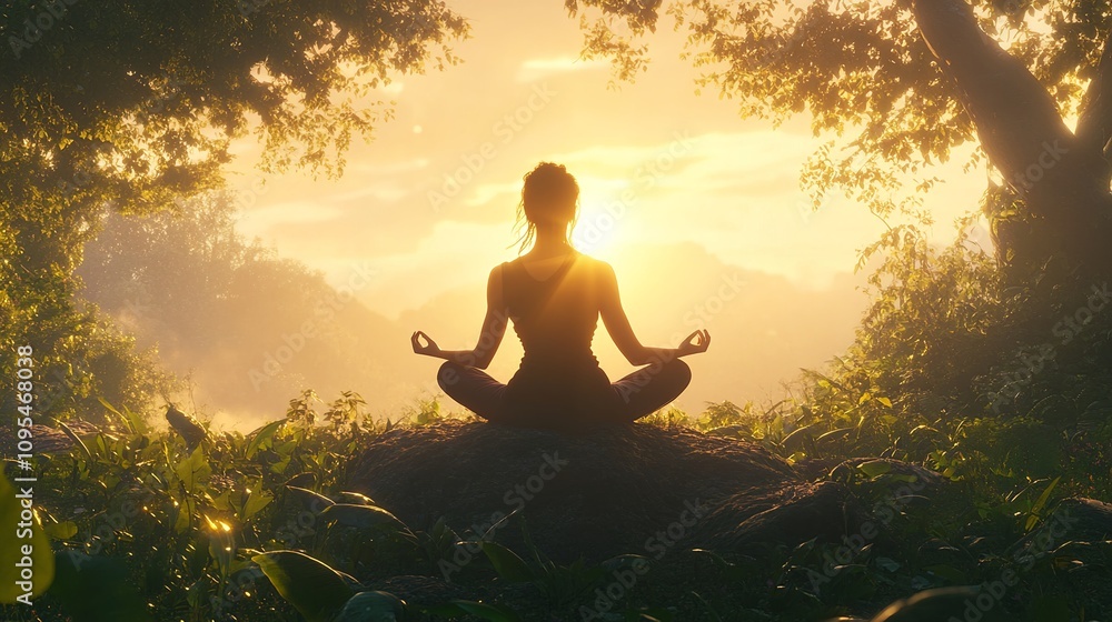 Sunset Meditation Practice in a Serene Natural Setting Surrounded by Lush Greenery Sunset Meditation Practice in a Serene Natural Setting Surrounded by Lush Greenery