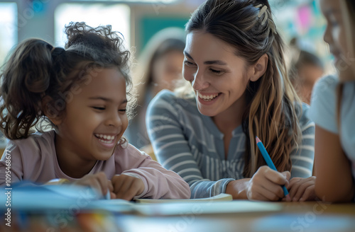 Close up of a happy female teacher helping a girl st 1721047175 1