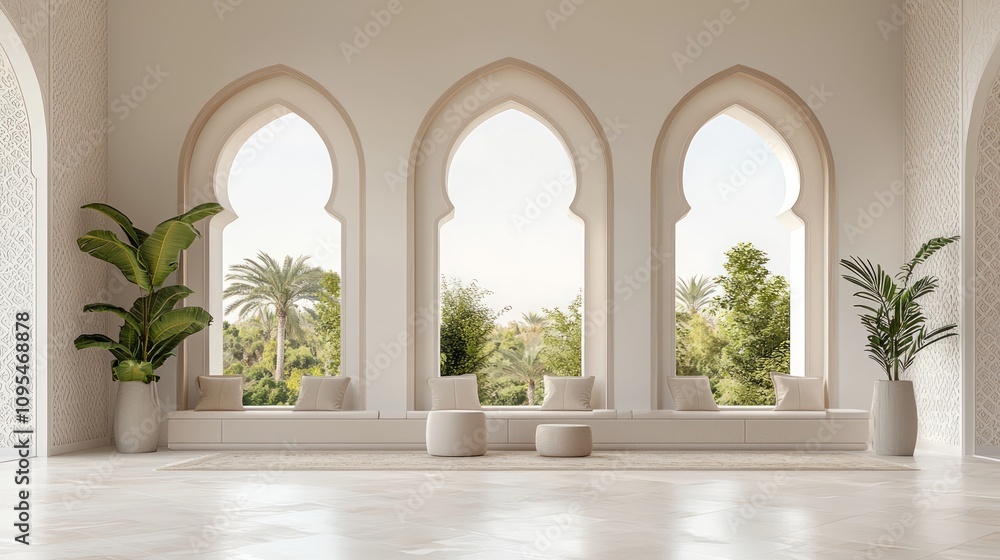 Fototapeta premium Contemporary Islamic Interior Design in a Modern Arabian Living Space 3D Render with Inspired Patterns and Minimalist Decor