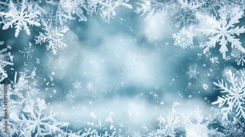 Snowflakes frame creating winter wonderland background with falling snow and bokeh effect