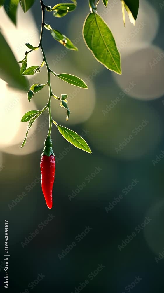 Bright red chili pepper hangs from a green branch against a softly blurred background in a garden Bright red chili pepper hangs from a green branch against a softly blurred background in a garden