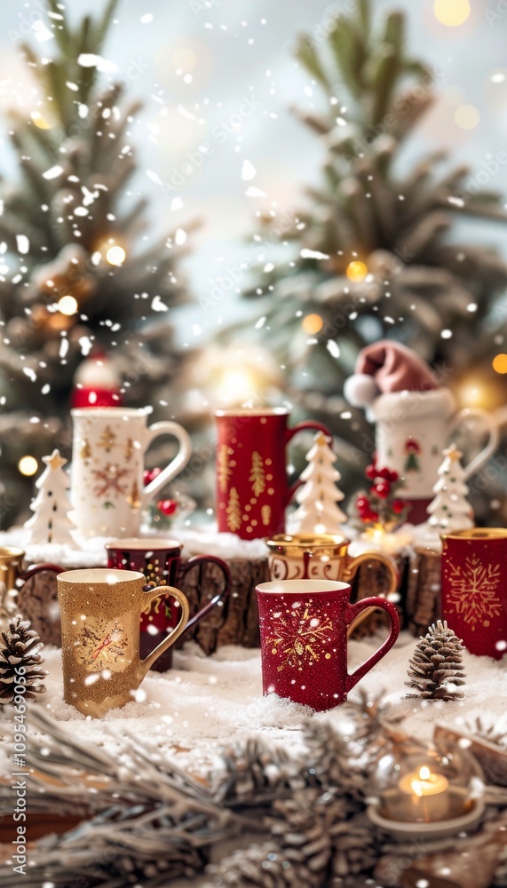 Charming array of christmas mugs against a beautiful winter landscape in festive red and gold tones Charming array of christmas mugs against a beautiful winter landscape in festive red and gold tones