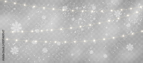 Golden Christmas Garlands in a Winter Wonderland: Bright Holiday Lights with Snowy Effects