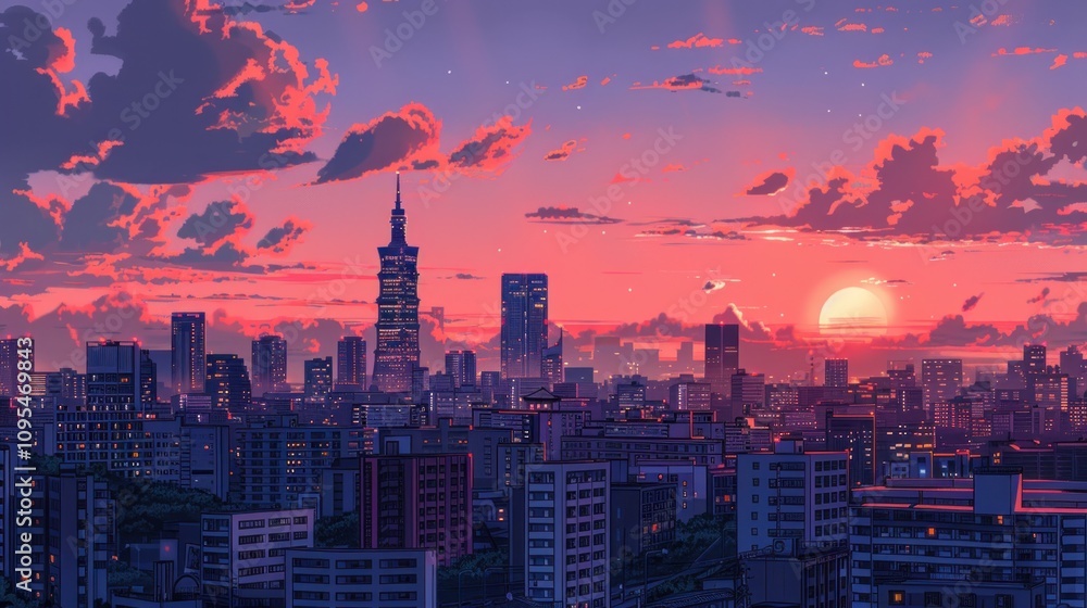 Fototapeta premium Vibrant sunset over a cityscape, showcasing skyscrapers and clouds.