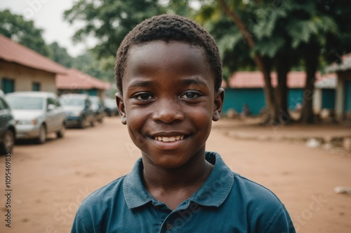 Close portrait of a smiling Ghanaian male kid looking at the camera, Ghanaian outdoors blurred background