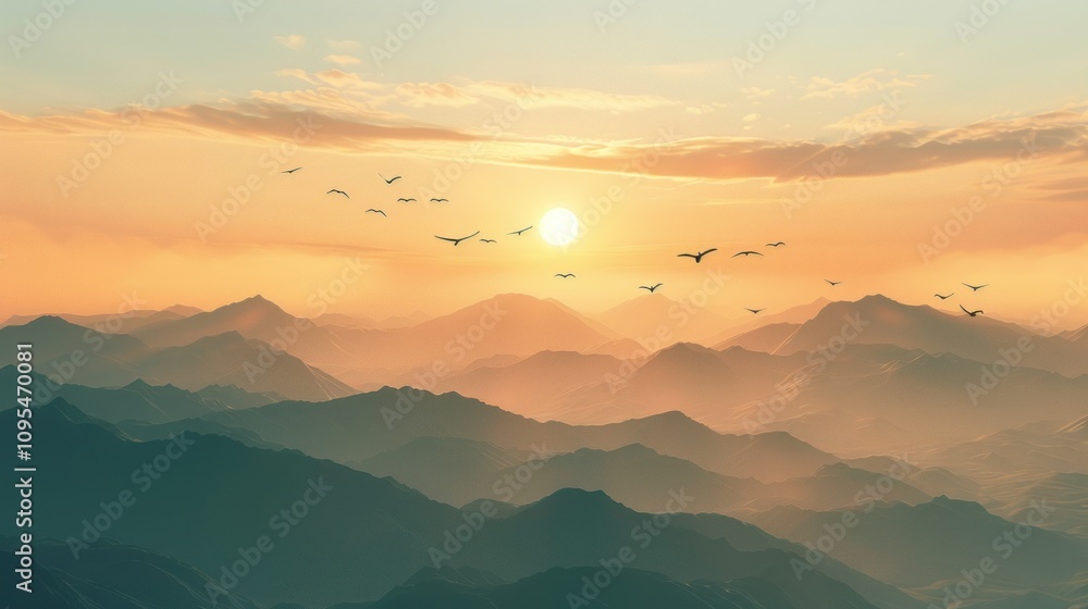 Majestic sunset over misty mountains with birds in flight. Majestic sunset over misty mountains with birds in flight.