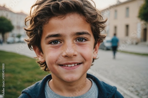 Close portrait of a smiling Greek male kid looking at the camera, Greek outdoors blurred background