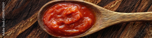 Close-up of perfectly-swirled marinara sauce on a rustic wooden spoon.