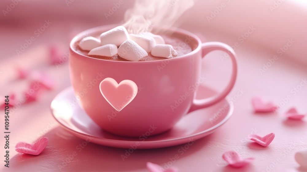 A cozy pink ceramic mug filled with hot cocoa, topped with heart-shaped marshmallows. Steam rises in a heart shape, set on a pastel pink table scattered with rose petals and soft bokeh lights. A cozy pink ceramic mug filled with hot cocoa, topped with heart-shaped marshmallows. Steam rises in a heart shape, set on a pastel pink table scattered with rose petals and soft bokeh lights.