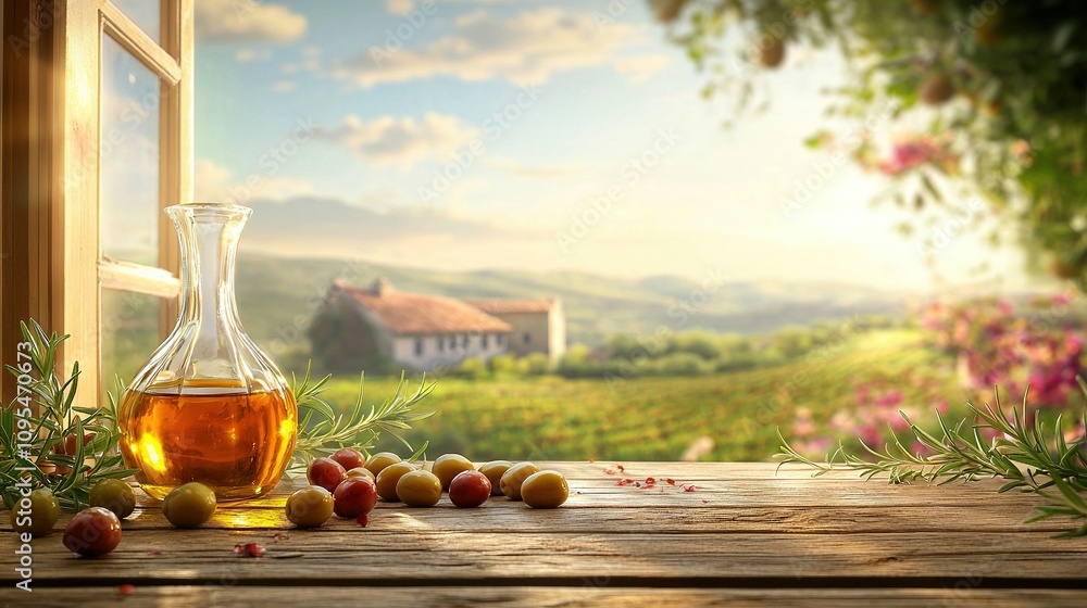 Fototapeta premium A bottle of olive oil rests on a wooden table near a window overlooking a vineyard