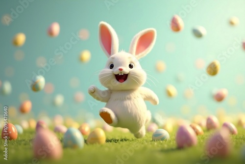 Running happy Easter bunny with eggs flying everywhere created by generative artificial intelligence