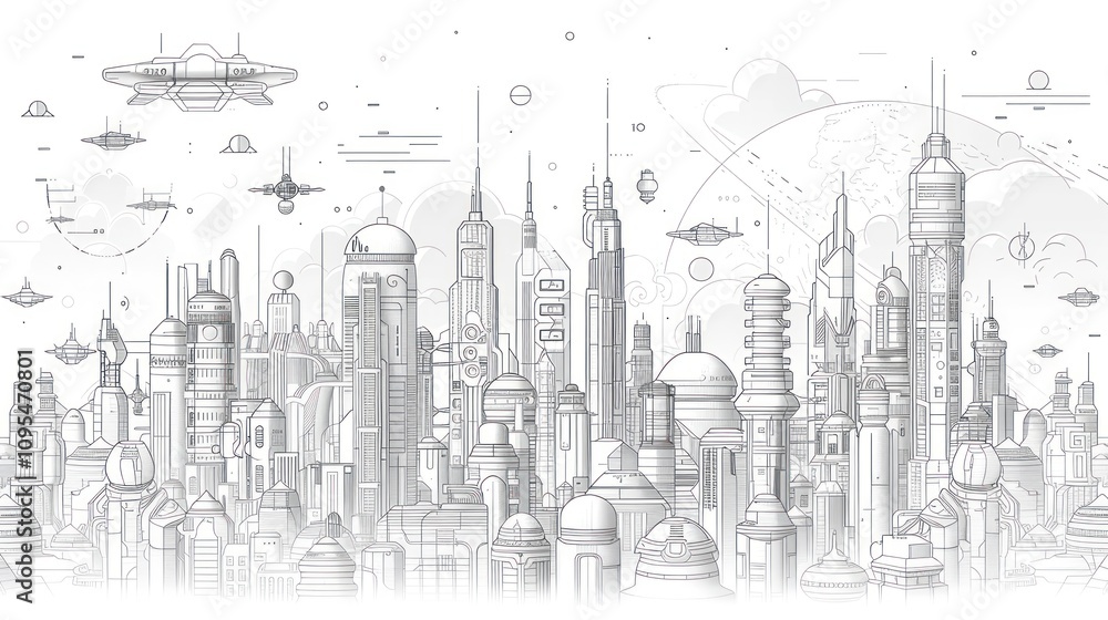 Futuristic city skyline with flying vehicles and planets. Futuristic city skyline with flying vehicles and planets.