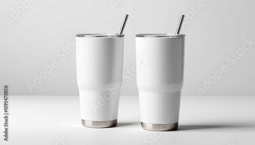 Blank mockup white thumbler with stainless cup Generative AI photo