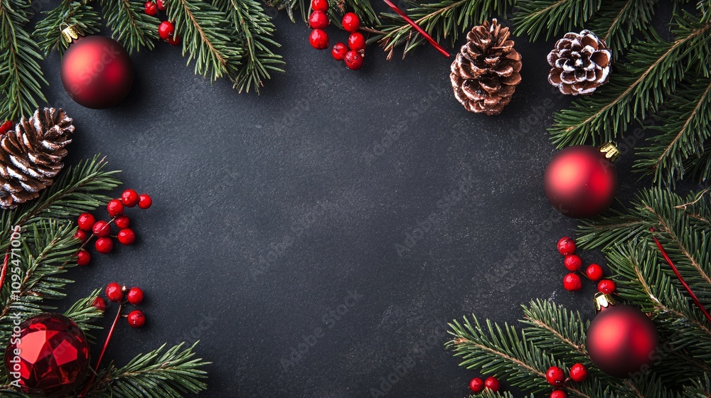 Christmas border made of fir branches, red berries and pine cones on dark background Christmas border made of fir branches, red berries and pine cones on dark background