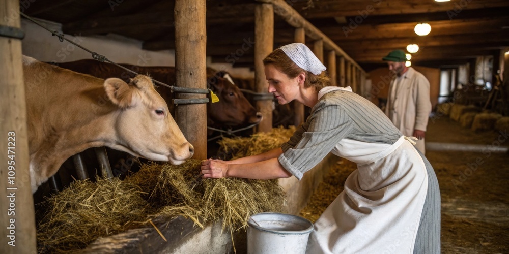 Farmer woman feeding hay to jersey cows in a traditional barn, showcasing a sustainable farming lifestyle with vintage charm and care for livestock Farmer woman feeding hay to jersey cows in a traditional barn, showcasing a sustainable farming lifestyle with vintage charm and care for livestock