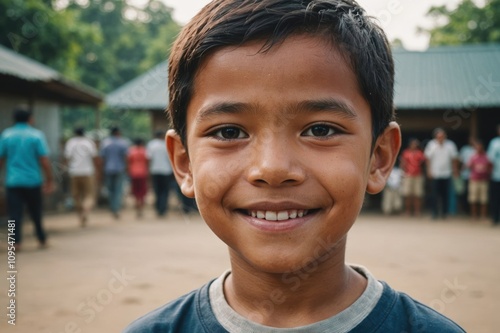 Close portrait of a smiling Indonesian male kid looking at the camera, Indonesian outdoors blurred background