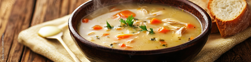 A steaming bowl of chicken soup, surrounded by crusty bread and a buttered knife, nestled on a faded yellow linen placemat. A steaming bowl of chicken soup, surrounded by crusty bread and a buttered knife, nestled on a faded yellow linen placemat.