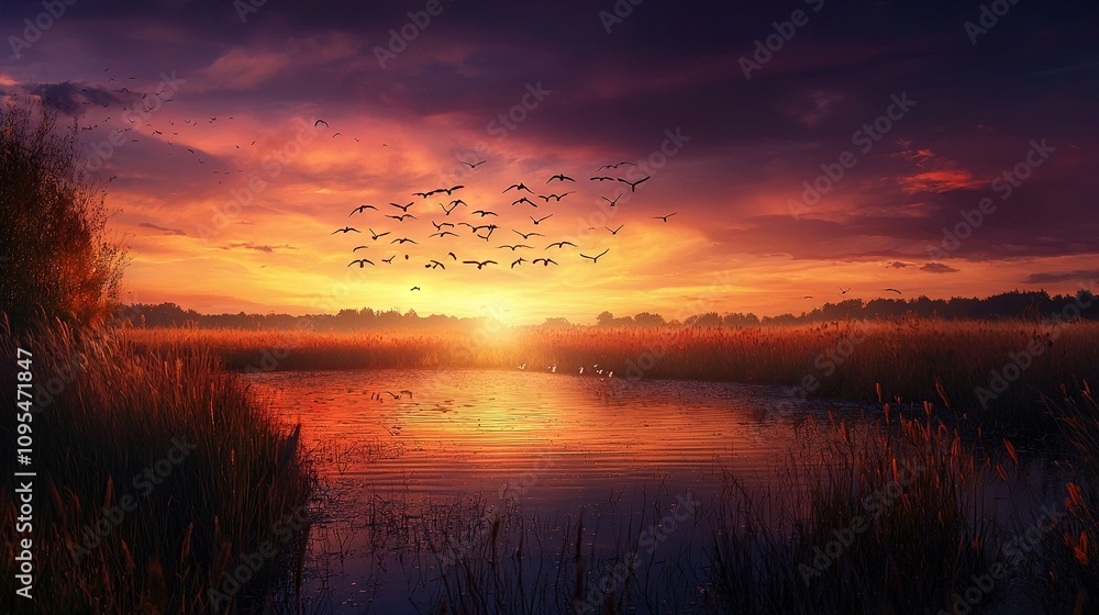A flock of birds soaring over a tranquil body of water, bathed in vibrant hues of purple and orange, with the glowing sun in the background A flock of birds soaring over a tranquil body of water, bathed in vibrant hues of purple and orange, with the glowing sun in the background
