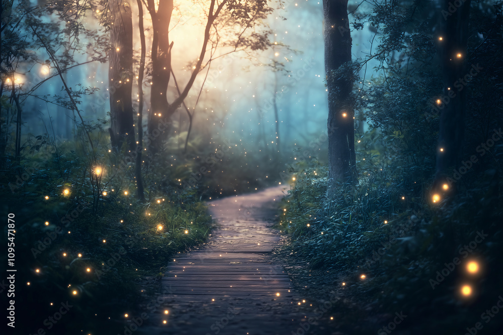 Fototapeta premium Enchanted Forest Path with Fireflies