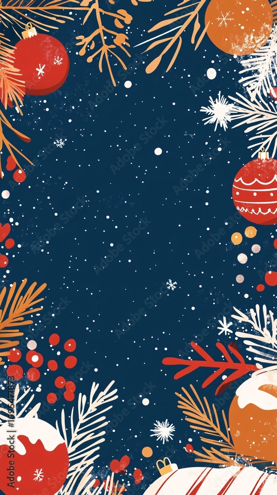 Christmas frame with ornaments, pine branches, and snowflakes falling on dark blue background Christmas frame with ornaments, pine branches, and snowflakes falling on dark blue background