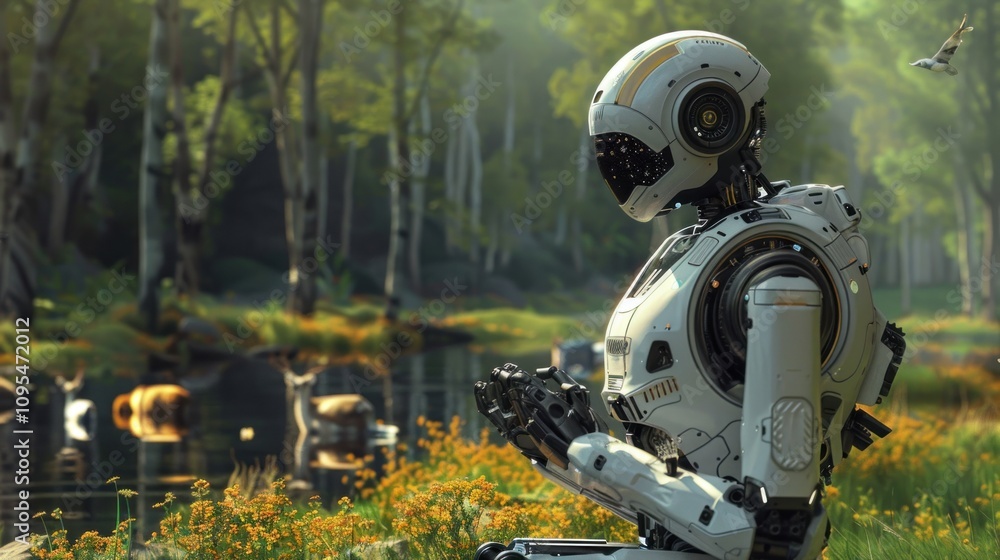 Futuristic robot observing wildlife in serene forest. Futuristic robot observing wildlife in serene forest.