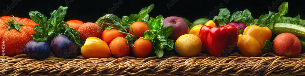 An assortment of fresh fruits and vegetables on a woven straw mat. An assortment of fresh fruits and vegetables on a woven straw mat.