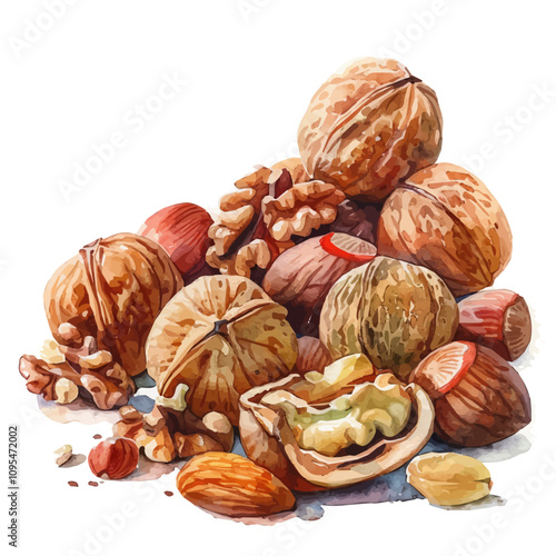 A watercolor vector of Christmas Nut Mix, isolated on a white background. Christmas Nut vector.