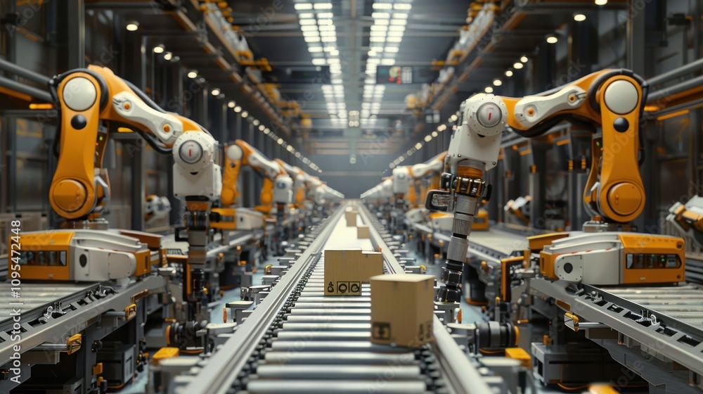 Automated robotic assembly line with cardboard boxes on conveyor belt in factory. Automated robotic assembly line with cardboard boxes on conveyor belt in factory.