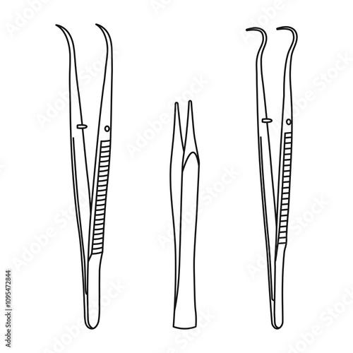 Tweezers silhouette set. Straight and curved pointed tweezers, for use by medic, doctor, dentist, orthodontist