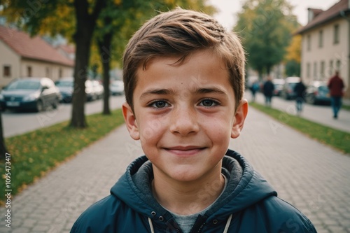 Close portrait of a smiling Kosovar male kid looking at the camera, Kosovar outdoors blurred background