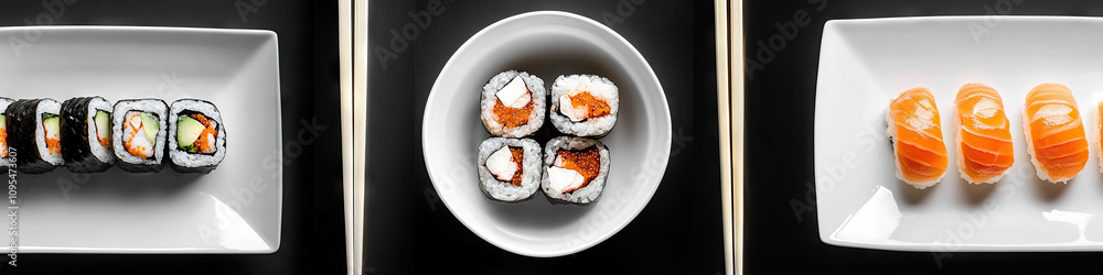 A bowl of sushi rolls, a bento box, and chopsticks on a contemporary black and white plate. A bowl of sushi rolls, a bento box, and chopsticks on a contemporary black and white plate.