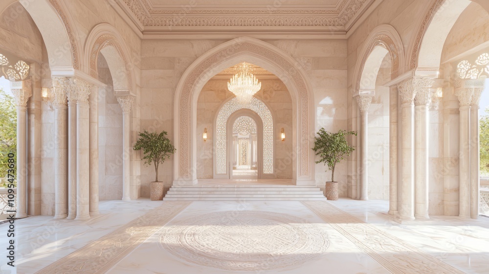 Fototapeta premium Luxurious Modern-Arabian Islamic Foyer with Intricate Tile Work and Grand Chandelier | 3D Render Digital Artwork