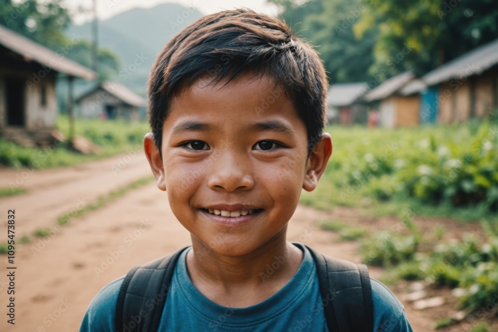 Close portrait of a smiling Lao male kid looking at the camera, Lao outdoors blurred background Close portrait of a smiling Lao male kid looking at the camera, Lao outdoors blurred background
