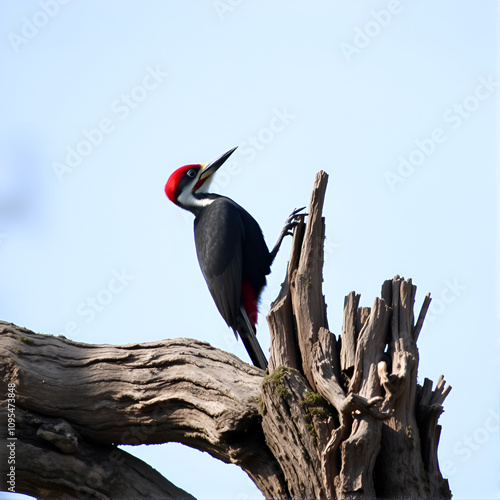 The pileated woodpecker is a large, mostly black woodpecker native to North America. An insectivore, it inhabits deciduous forests. photo