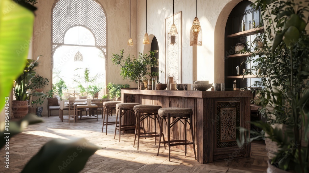 Obraz premium Vibrant Modern Arabian Islamic Breakfast Bar Interior with Decorative Ceramics and Textiles - 3D Render