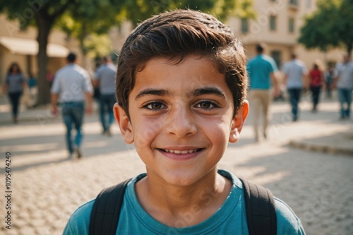 Close portrait of a smiling Lebanese male kid looking at the camera, Lebanese outdoors blurred background