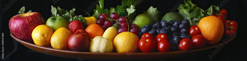 An array of vividly colored fruits and vegetables arranged in a bowl. An array of vividly colored fruits and vegetables arranged in a bowl.