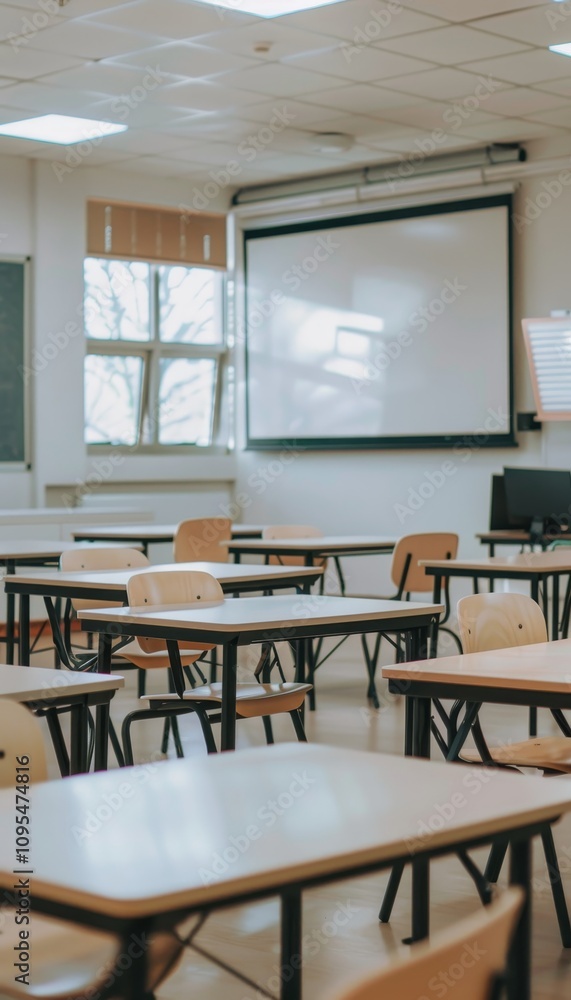 Fototapeta premium Modern middle school classroom featuring innovative learning tools in a clean, professional setting