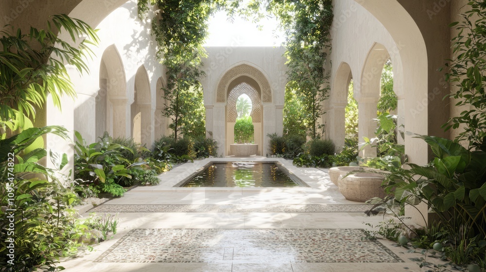 Elegant Modern Arabian Islamic Garden 3D Render with Decorative Tiles, Lush Plants, and Water Features for Tranquil Outdoor Retreat Elegant Modern Arabian Islamic Garden 3D Render with Decorative Tiles, Lush Plants, and Water Features for Tranquil Outdoor Retreat
