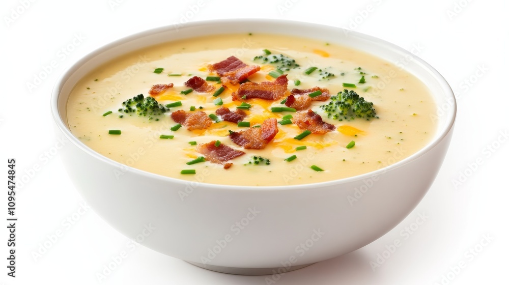 A bowl of creamy broccoli and cheddar soup garnished with crispy bacon bits and chopped chives, Each spoonful rich and comforting A bowl of creamy broccoli and cheddar soup garnished with crispy bacon bits and chopped chives, Each spoonful rich and comforting