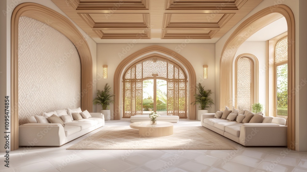 Modern Arabian Islamic Family Room Interior Design - Cozy Gathering Space with Plush Seating and Elegant Decor | 3D Render Digital Artwork Modern Arabian Islamic Family Room Interior Design - Cozy Gathering Space with Plush Seating and Elegant Decor | 3D Render Digital Artwork